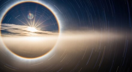Mystical celestial orb unveils a radiant sunrise against a swirling starscape