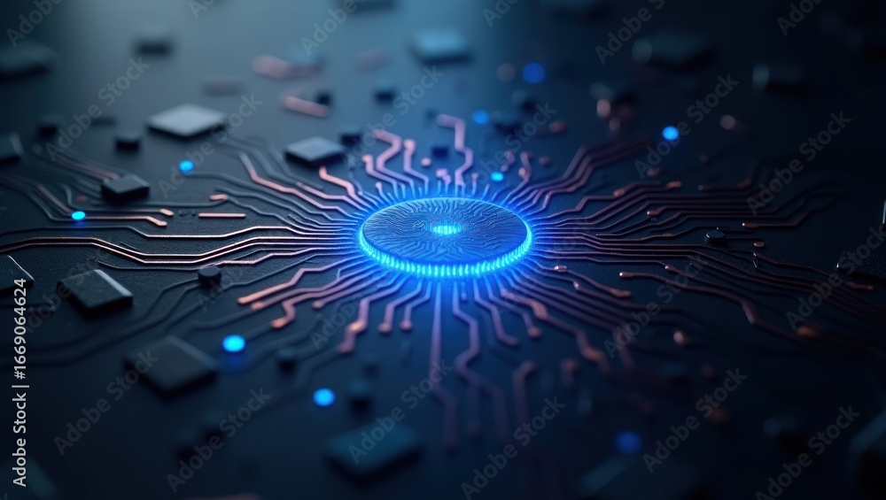 Poster a detailed close-up view of a luminous circuit board with glowing central components.