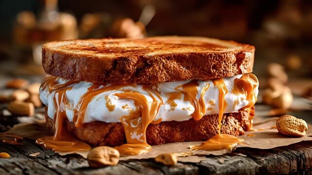 Fluffernutter sandwich with gooey peanut butter and marshmallow cream. Arc shot, slow motion. 4K.
