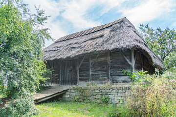 Ancient Central European wooden cabin in a grassy clearing, surrounded by lush greenery Thatched...
