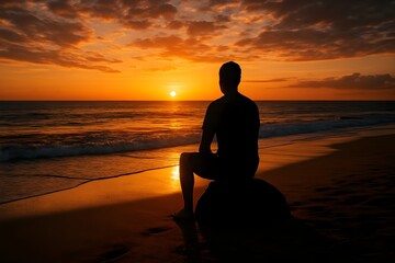 A striking silhouette of a person sitting on a rock by the beach, gazing at the horizon as the sun sets over the ocean. The warm golden light reflects across the waves and sand, creating a dramatic ye