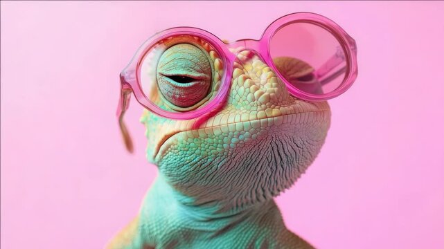 A playful and stylish gecko modeling pink sunglasses, exuding a charming and modern persona. Great for pet lovers, fashion enthusiasts, and those who enjoy whimsical .