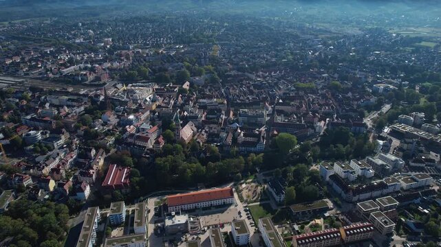 Aerial view around the old town of the city Offenburg, Germany on a sunny spring day
