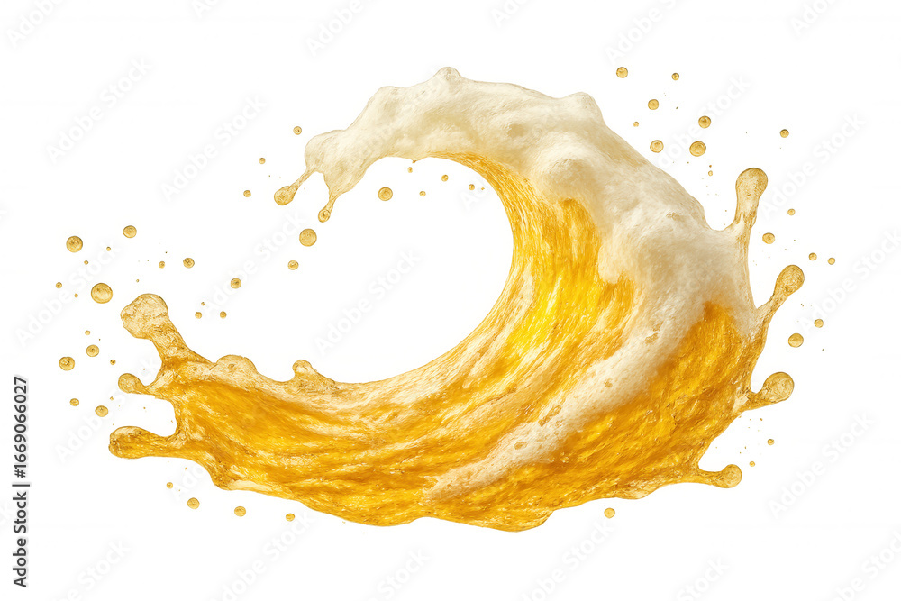 Poster golden beer splashing and creating a dynamic wave, with frothy white foam cascading against a transp