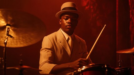 Jazz drummer in vintage suit and hat playing in dimly lit club scene