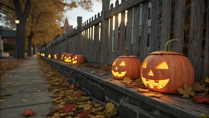 Obraz premium Illuminated jack o lanterns line a weathered wooden fence on a crisp autumn evening with fallen leaves