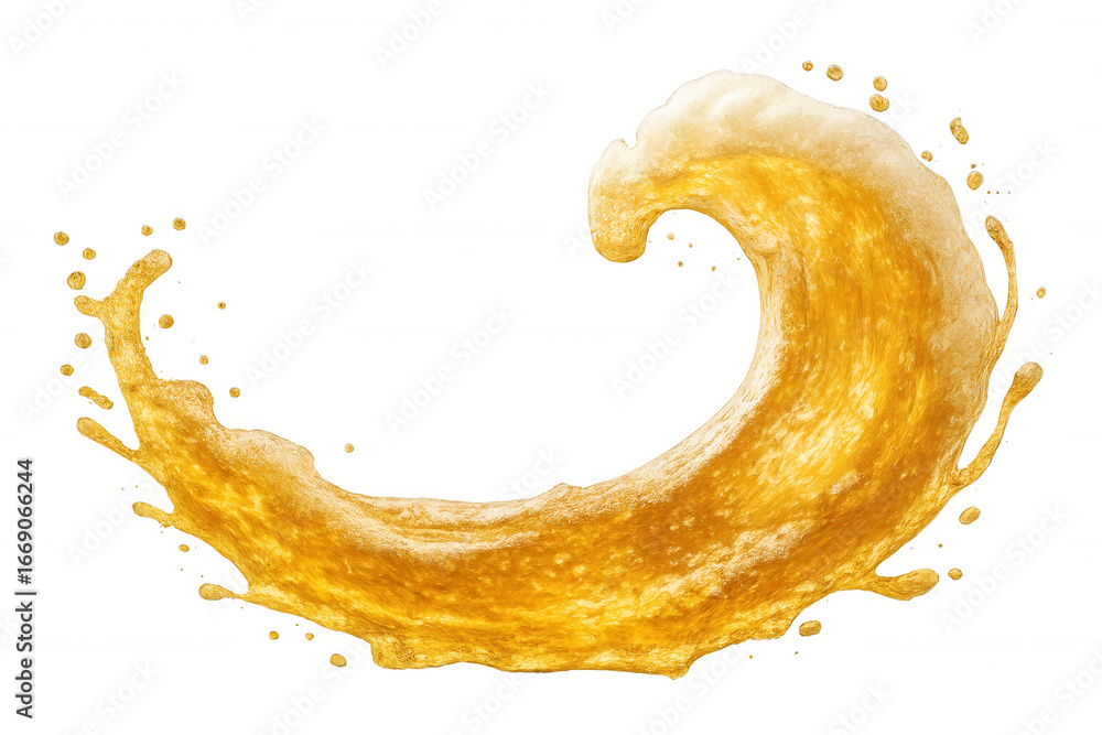 Poster golden beer is splashing, creating a dynamic wave with foam on a transparent background, perfect for