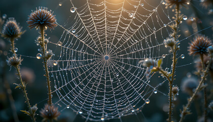 Obraz premium A delicate spiderweb, adorned with glistening dewdrops, is intricately woven between wild plants in the soft morning light
