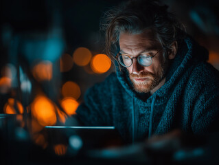 Intense focus of a man using a tablet with glasses, working late at night with dim lighting