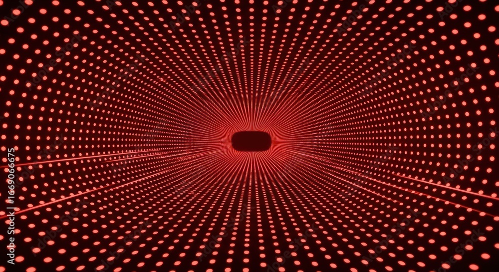 Poster hypnotic red dots create an optical tunnel effect, abstract glowing background and dimensional red
