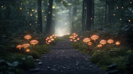 Enchanted forest pathway illuminated by glowing mushrooms and fireflies