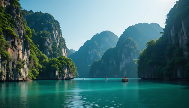 Majestic limestone karsts rise dramatically from the emerald waters of ha long bay, vietnam, with traditional junks sailing peacefully under a clear blue sky