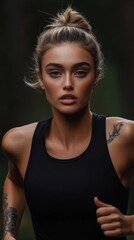 Determined female athlete running outdoors in black sportswear and tattoo