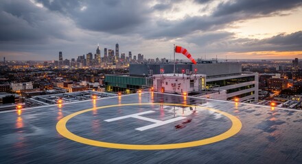 Helicopter landing area offering panoramic city views and dramatic sky during twilight