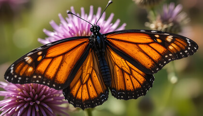 Fototapeta premium A vibrant monarch butterfly with intricate orange and black patterns rests gracefully on a delicate purple thistle flower, showcasing natures beauty in a closeup macro shot