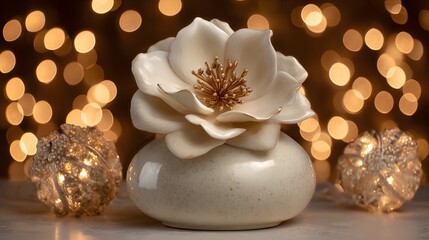 Obraz premium A delicate cream-colored ceramic vase, accented with gold details, holds a beautiful white magnolia flower against a backdrop of warm, golden bokeh lights.