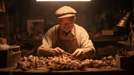 Elderly craftsman carving wood in warmly lit workshop with focused expression