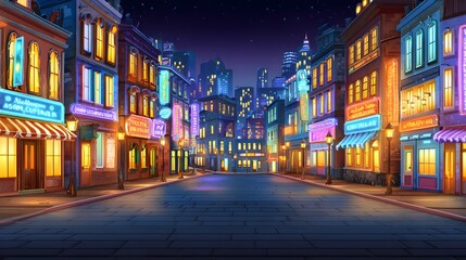 Fototapeta premium A vibrant city street at night, lit with colorful neon signs, showcasing charming buildings and a bustling atmosphere.