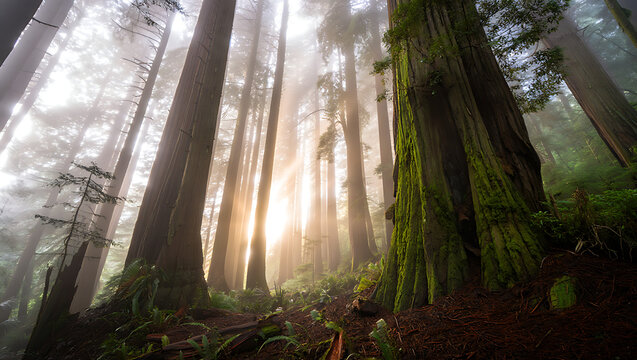 Sunlight streams through the misty canopy of a redwood forest, illuminating the ancient, mosscovered trees - Powered by Adobe