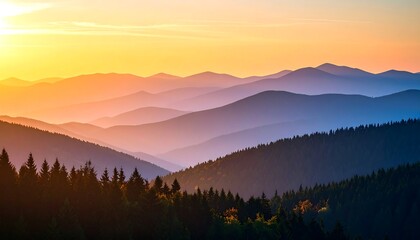 Obraz premium Sunset over layered mountains.
