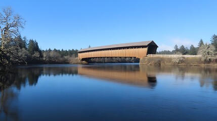 Fototapeta premium Scenic Wooden Covered Bridge Over Calm River