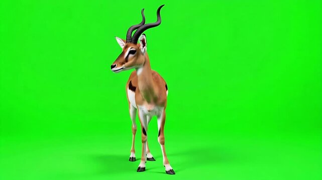 Elegant gazelle gracefully poses against vibrant green backdrop, perfect for nature documentaries, wildlife projects, and commercial advertising campaigns