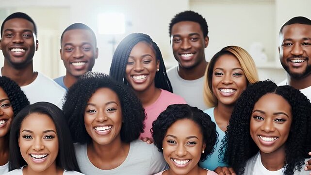 Diverse Group of Cheerful African Young Adults Smiling Radiating Happiness in a Bright Indoor Setting Perfect for Advertisement and Campaigns Promoting Unity and Togetherness