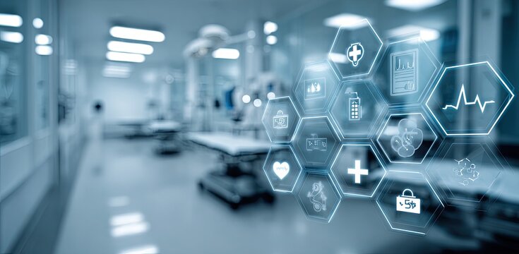 Blurred medical facility interior, overlaid with digital health icons - Powered by Adobe