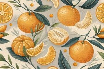Watercolor seamless pattern with oranges, tangerines and leaves design