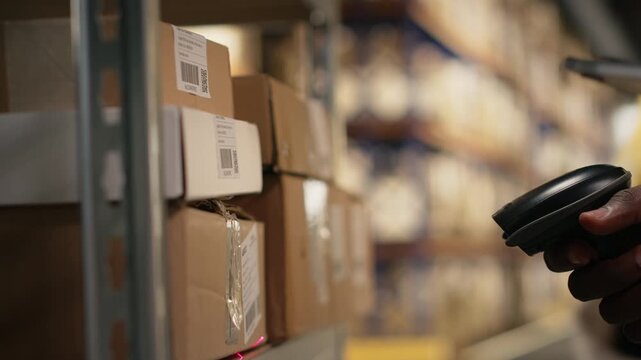 Close up of black worker using a barcode scanner to process shipping labels on boxes from industrial racks. Scanning awb tags for package tracking service with tracking info, logistics. Camera B.