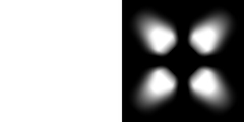 Abstract four light shapes with transparent left and black background right
