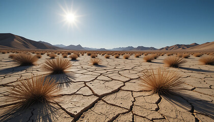 A vast, arid desert landscape unfolds under a bright, starburst sun, with cracked earth and sparse, dry brush stretching towards distant, hazy mountains