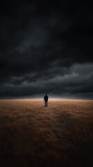 Lone figure walking across vast field under dramatic storm clouds