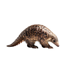 Fototapeta premium A curious pangolin with distinctive scales walks forward on a white background.