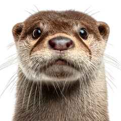 A curious otter's expressive face, looking directly at the camera with big, soulful eyes.