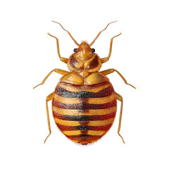 A detailed close-up of a bed bug, a common household pest, isolated on a white background.