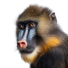 Striking portrait of a colorful mandrill with intelligent eyes against a clean white background.