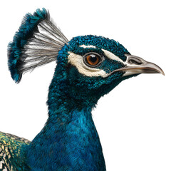 Majestic peacock displays vibrant iridescent plumage and elegant crest against a clean white background.