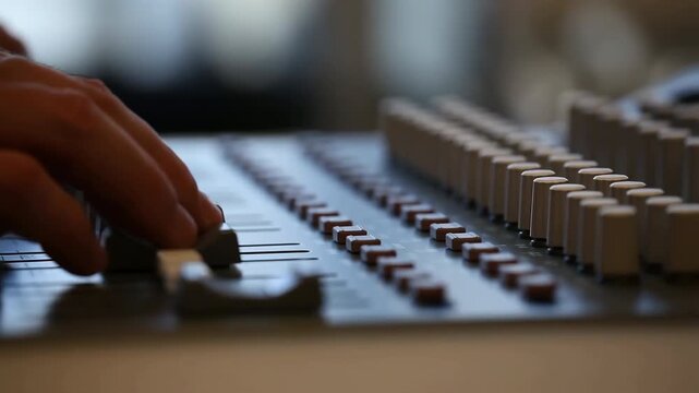 Sound engineer adjusting audio mixer faders and knobs