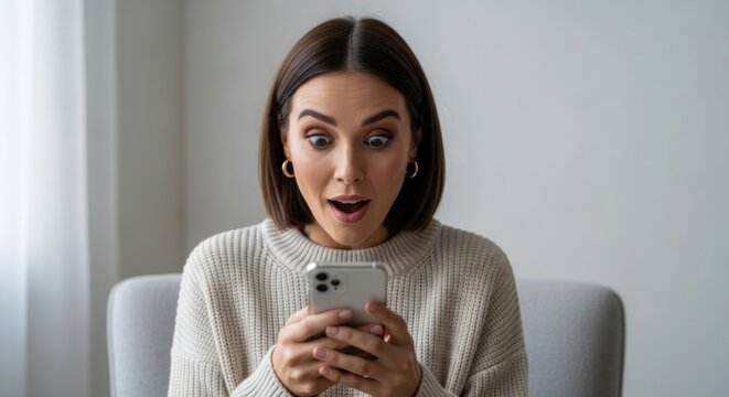 Astonished brunette woman interacting with her smartphone in a well-lit living room exhibiting