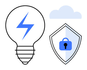 Lightbulb with a blue lightning bolt inside, shield featuring a lock, cloud shape. Ideal for themes thumbs up innovation, cybersecurity, energy, cloud computing, protection, technology creative