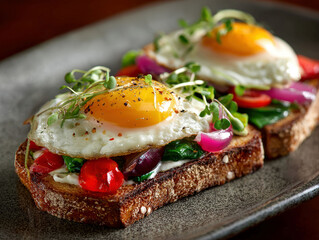 Close-up image of two open-faced sandwiches on a gray speckled plate One has an egg sunny side up, tomatoes, and leafy greens possibly spinach or microgreens The other has a fried e - AI-Generated