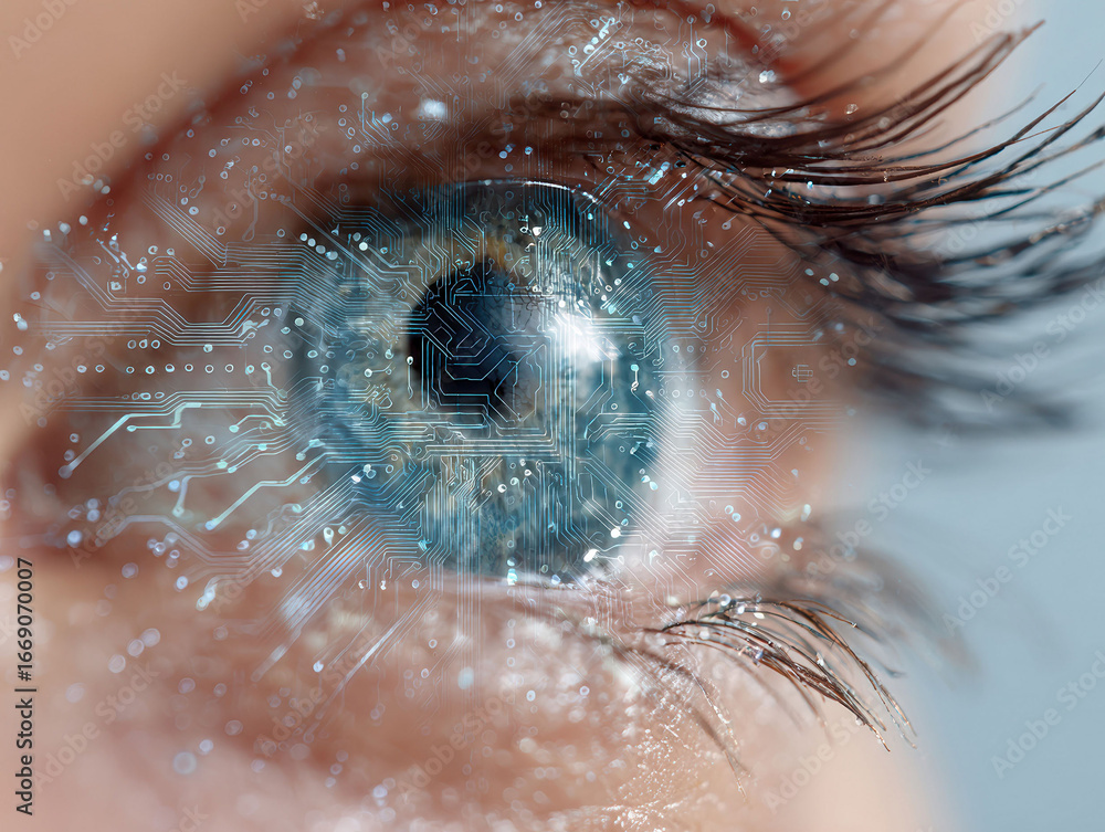 Poster close-up of an open eye, predominantly blue iris with digital overlay resembling binary code or circ