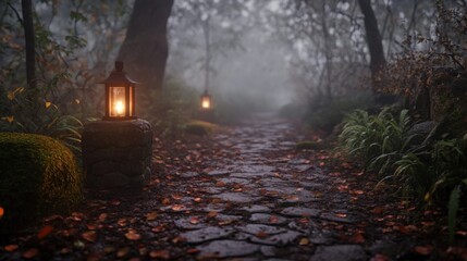Enchanting forest path lit by lanterns on a misty autumn evening