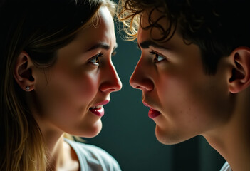 A dramatic confrontation portrays a man and woman locked in an emotional standoff, eyes reflecting the turmoil of love and mistrust Generative AI