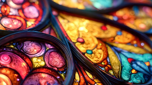 Close-up view of intricate stained glass details, showcasing a vibrant array of colors and decorative patterns.