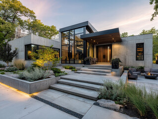 Modern two-story house with concrete and glass, contemporary design, recessed door, steps, manicured garden, small outdoor seating area, exterior lighting, dusk or dawn, blue sky, scatt - AI-Generated