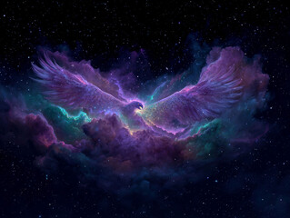A digital fantasy artwork depicts a large bird soaring in outer space, blending with a swirling nebula of vibrant hues The background reveals a starry cosmic environment, giving the im - AI-Generated