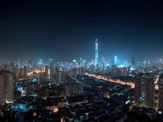 Obraz premium Nighttime cityscape with tall buildings, vibrant lights, illuminated windows, roads, vehicles, prominent tower, cool night sky - AI-Generated
