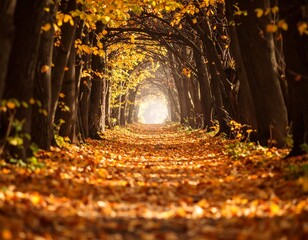 Autumn Path with Golden Leaves Tunnel.